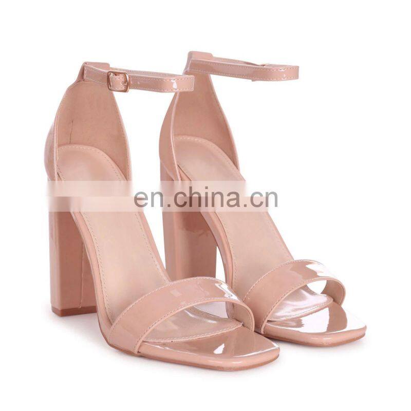 Ladies fancy handmade design high heels nude patent ankle strap block heel women sandals shoes