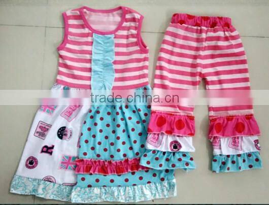2016 boutique girl clothes 4 July fabric girls outfits kids clothing sets and stripe pants with ruffle