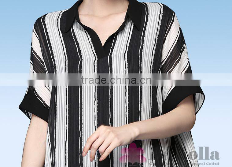 Lastest Summer Fashion White Black Stripes Short Sleeves False Two-piece Chiffon T-shirt 100