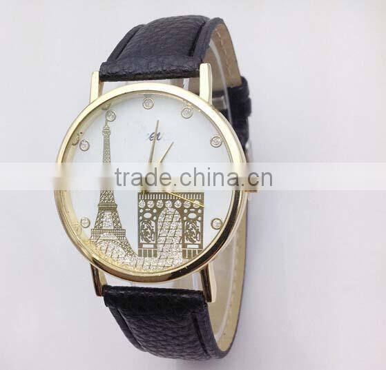 High quality Leather watch Women's Eiffel Tower Printed Dial Faux Leather Analog Quartz Wrist Watch