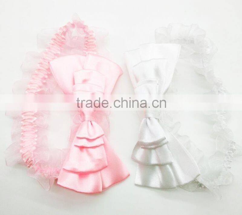 Satin layered bow lace headband for baby,cheap handmade soft headbands