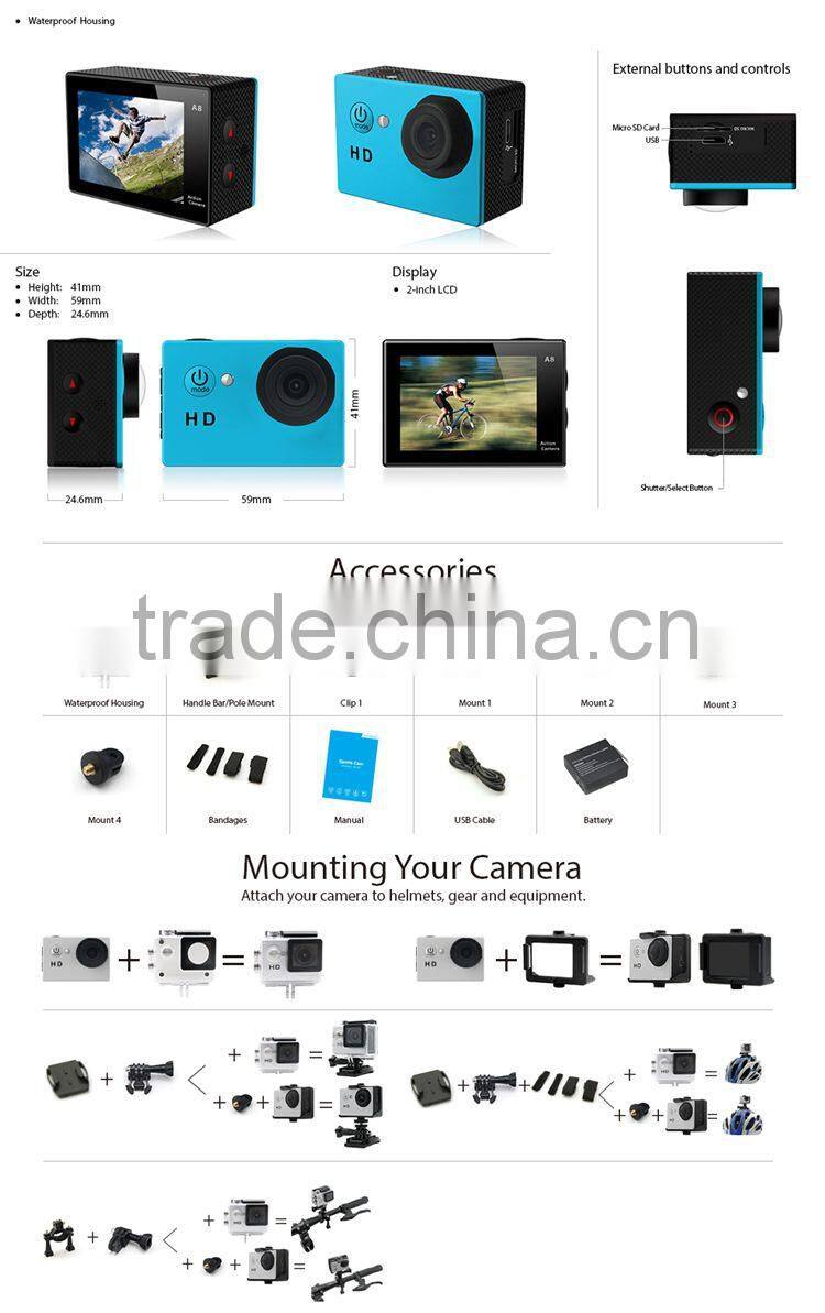 HD 720p Helmet Sport Action Camera With 2.0 Inch Screen