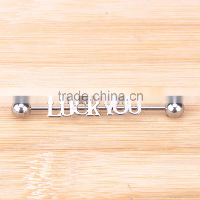 'LUCK YOU' letter Industrial Style 14G Cartilage Earring 1 & 1/2" Barbell with Round Ball Ends.