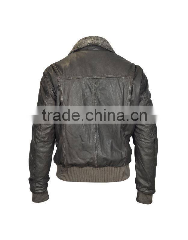 New!Dark Brown,Leather Bomber Jacket,Removable Sheepskin Collar!