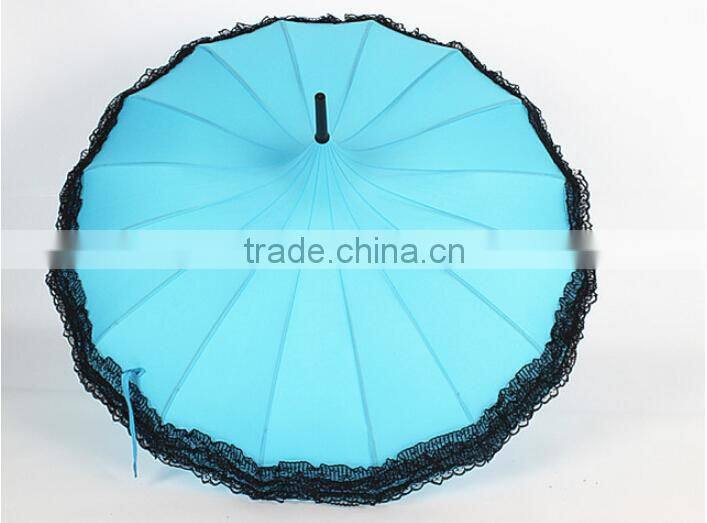 lady umbrella different color Long handle serging pagoda umbrella pagoda parasol with lace edge