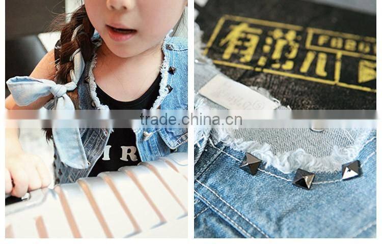Wholesale Stylish Stud Pure Color Joker Sleeveless Girl Jeans Coat, Denim Children Cardigan