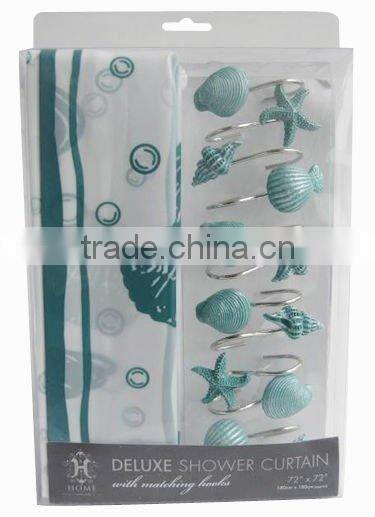 sea and fishes,hot selling 1pc peva shower curtain matching with 12pcs decorative resin bath shower curtain hooks