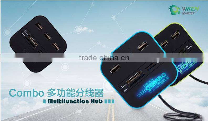 Hot Sale USB COMBO 3 port usb hub 2.0 HUB+multi USB card reader All In One for SD/MMC/M2/MS/MP Pro Duo Many colors