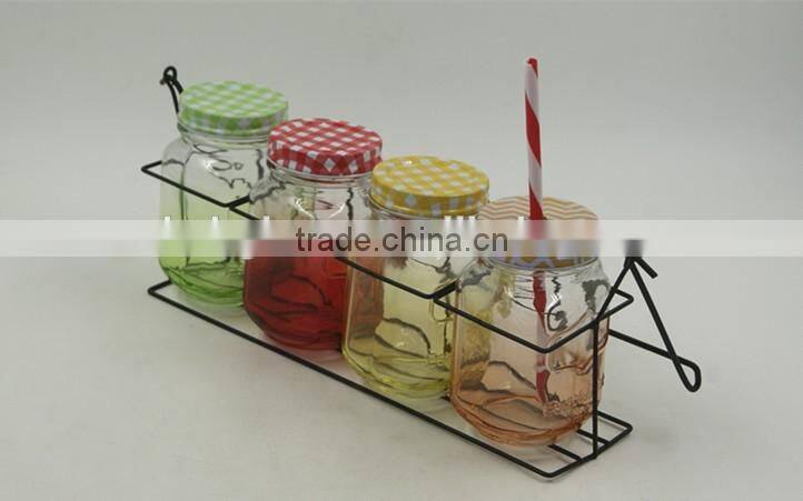 Glass Mason Jar with Mental Lid and Plastic Straws in various color and delicate logo