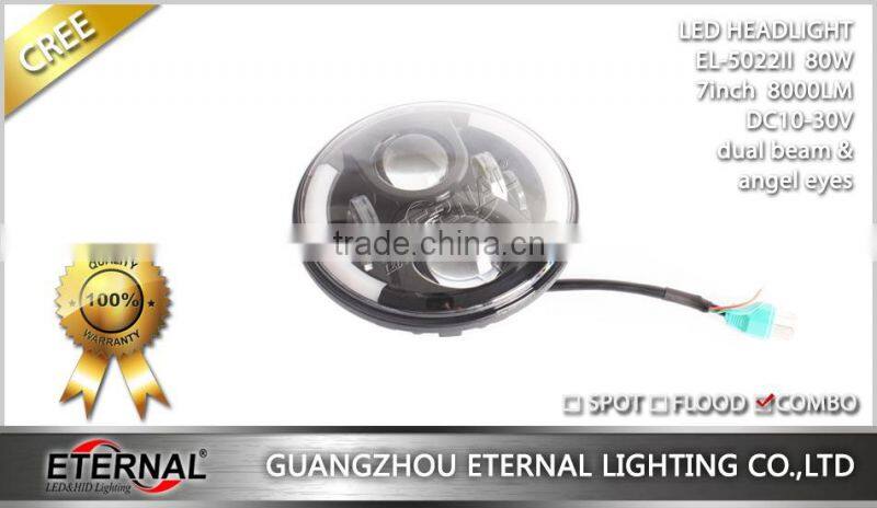 80W 7in round 4WD off-road truck SUV automotive vehicles sealed dual beam led headlight lamp