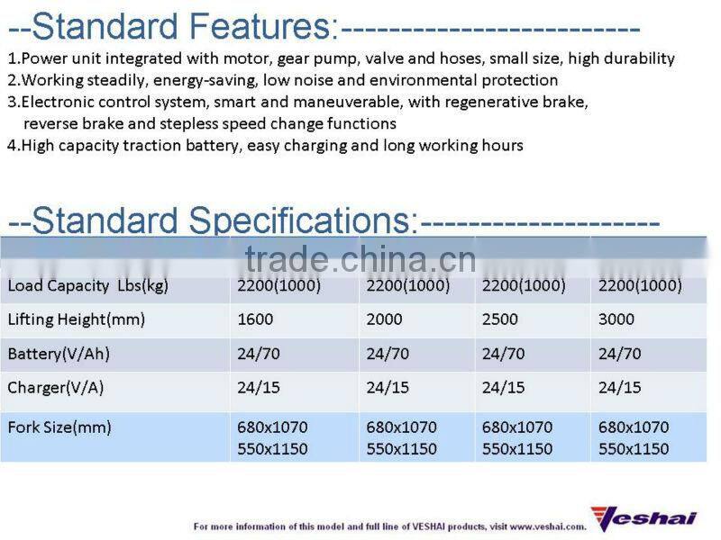 1ton 1.6m small battery stacker VH-BST electric forklift with straddle legs