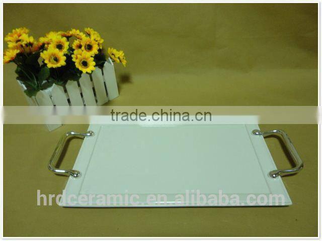 Hotel stock ceramic oval plate with two handles