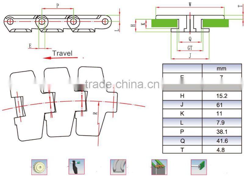 880TAB-RT Plastic small radius side flexing table top chain