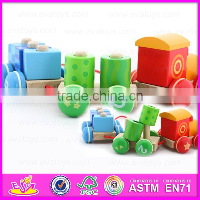Colorful wooden Pull Shape Block Train Toy for kids,EN71 top sale pull line toy vehicle wooden toy train OEM W05C025