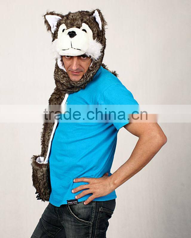 PLUSH ANIMAL HOODED SCARF FAUX FUR WOLF HEAD HAT