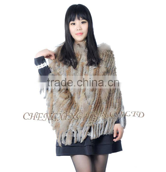 CX-B-31B Big Size Wholesale Natural Colour Knit Rabbit & Raccoon Fur Fashion Shawl