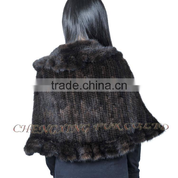 CX-B-M-60D Fashion Wholesale Knitted Mink Fur With Rosette Lady Fur Shawl