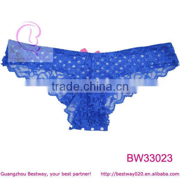 Fashion blue butterfly panties front polka dot & bow back transparent lace panties for women