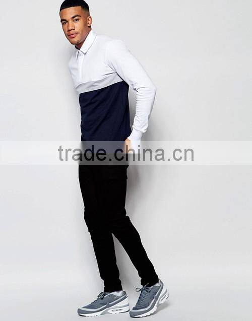 Color block long sleeve 100% cotton rugby polo shirt, men sports team wear custom