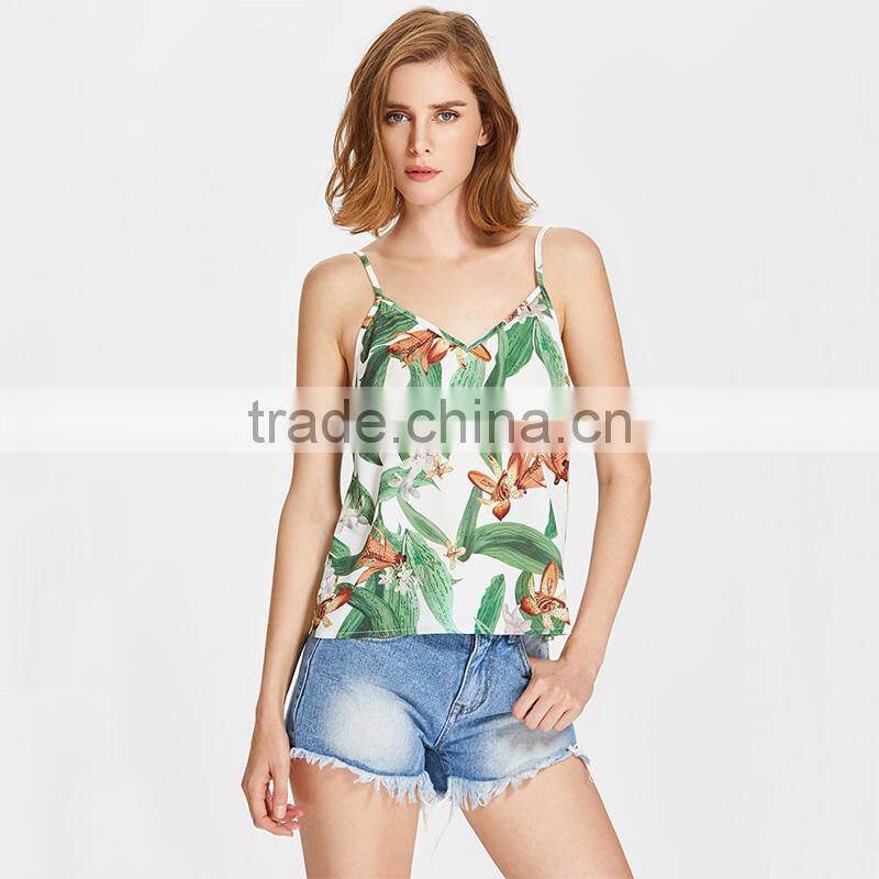 Hot design floral print sexy top, ladies V neck silk short tan top