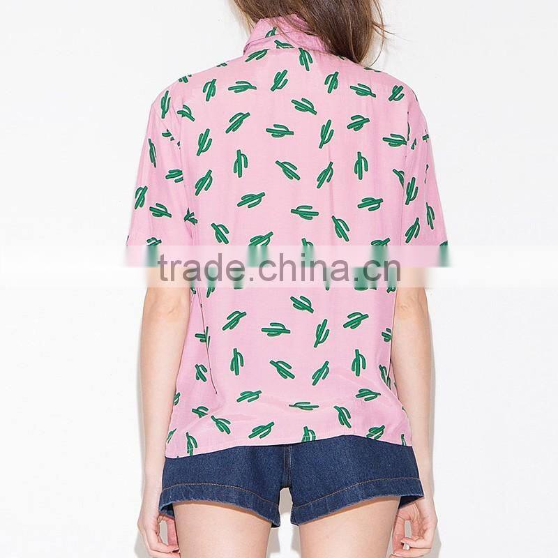 Women's sweet cactus print single-breasted 100% cotton casual short sleeve pink shirt