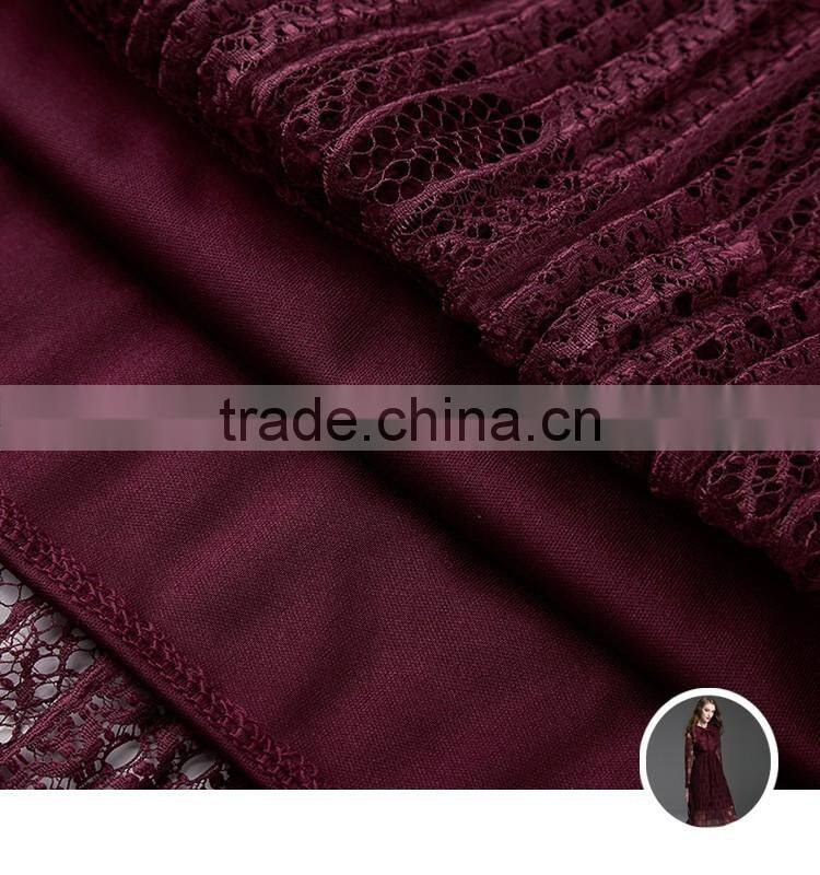 Ladies maroon dark green hollowed lace 100% polyester dress