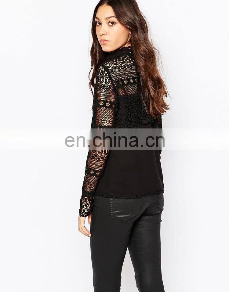 100% Polyester Lace Mock Neck Blouse for ladies