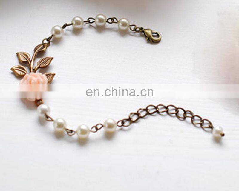 Peach Pink Flower Leaf Ivory Cream Pearls Bracelet Vintage Inspired Wedding Bridal Pearl Bracelet