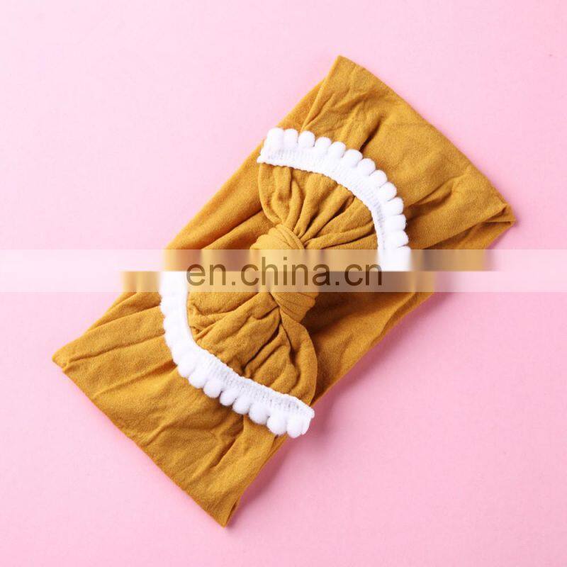 33Colors Kids Solid Nylon Headband with fringe Bow Girls Pom Pom Soft Headwear