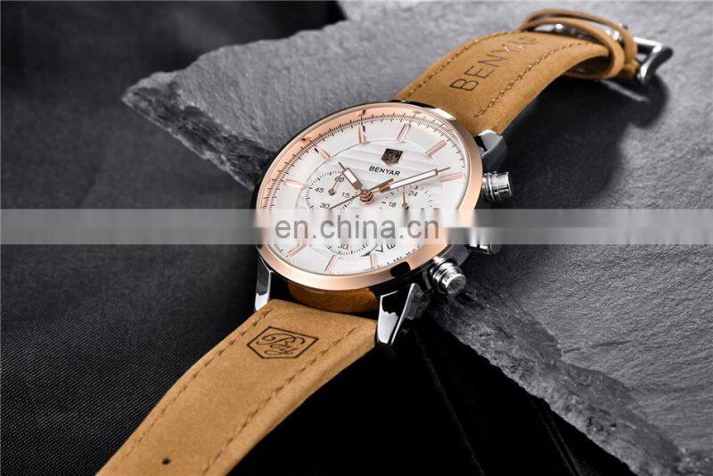 Benyar BY-5104M Personalized Man Quartz Wrist Watches Chronograph Calendar Luxury Leather Men Watch Manufacturer