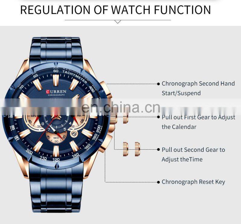 CURREN Sport Watches Mens Luxury Brand Quartz Clock Stainless Steel Chronograph Big Dial Wristwatch with Date Relogio Masculin