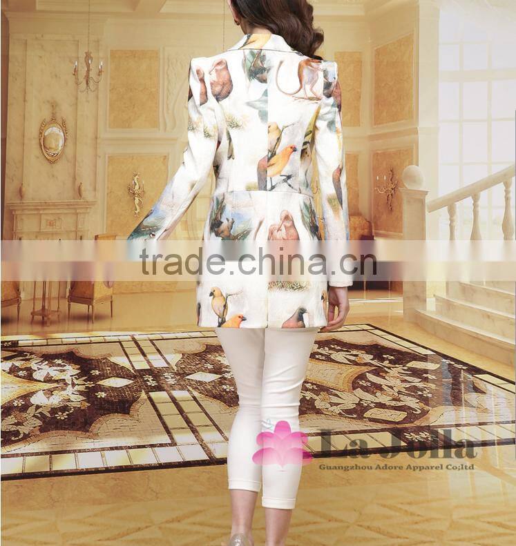 2016 Hot sale ladies fashion printing flowers long skinny suit coat office for women