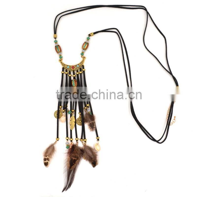 Wholesale High Quality Handmade Black Velour Indian Style Real Feather Pendant Necklace