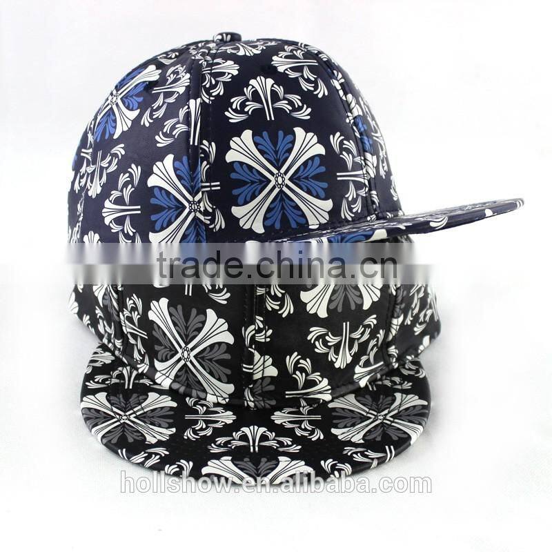 Punk Rock Flower Printed PU Leather Fabric Flat Hiphop Streetdance Cap