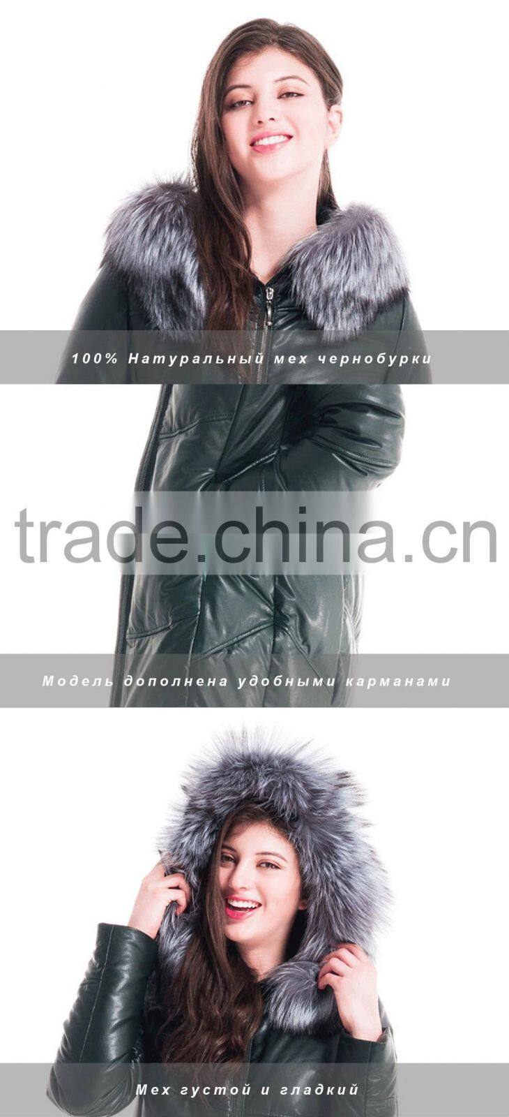 Winter Women Medium Length Slim Fit Leather Coat With Silver fox Hat Overcoat