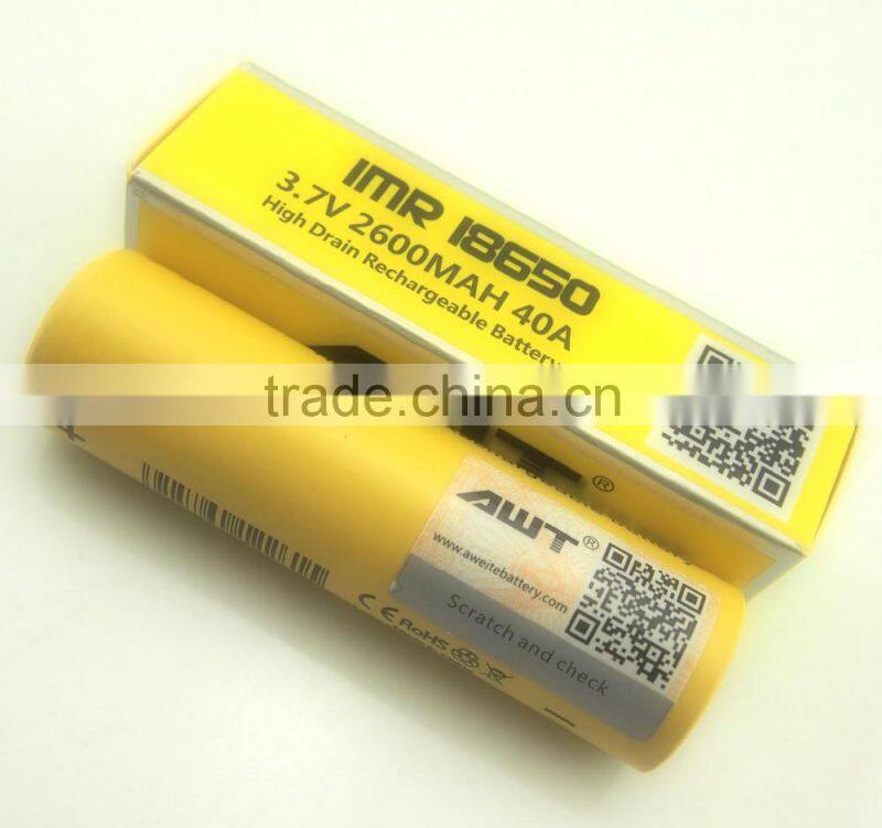 AWT Yellow 18650 2600mah 40A Subox mini vape mod box mod 200w vape pen battery & stab wood box mod awt 18650 high drain
