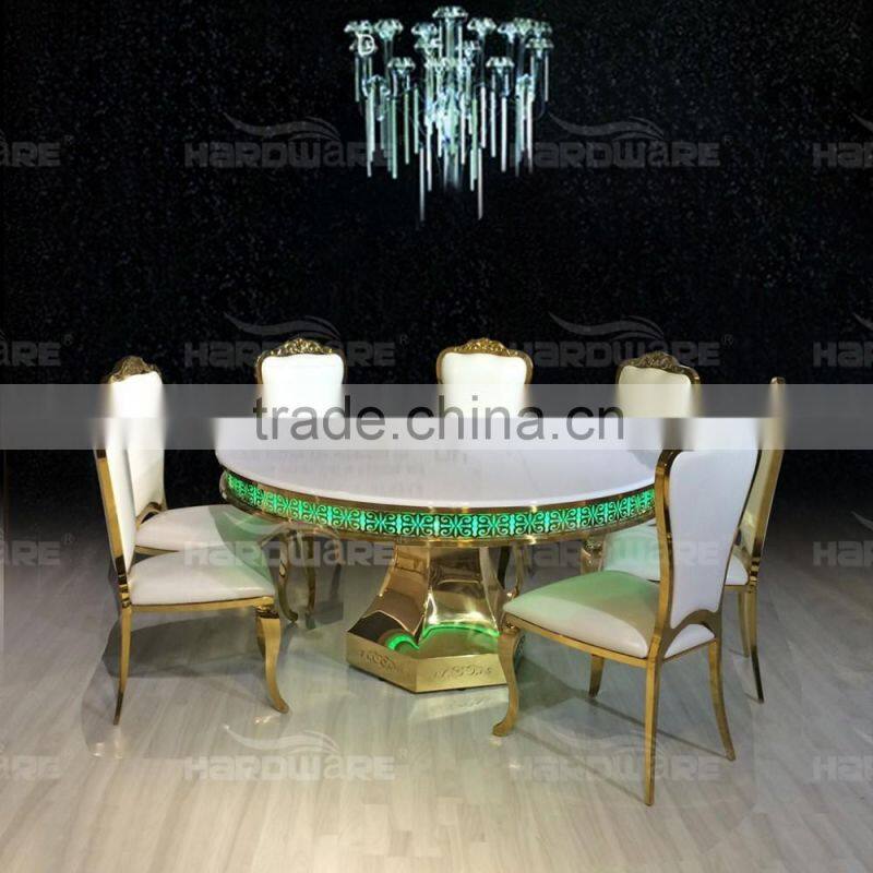 golden stainless steel round wedding dining table with led light MDF top
