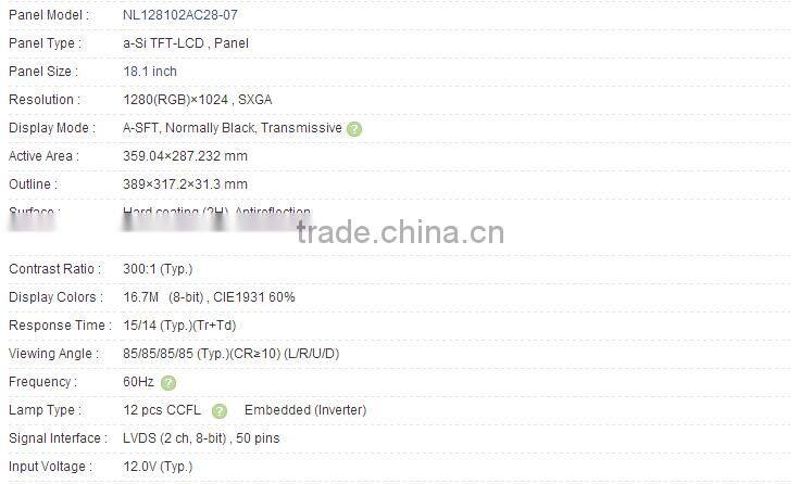18.1 inch NL128102AC28-07 a-Si TFT-LCD Panel 1280x1024 For NEC
