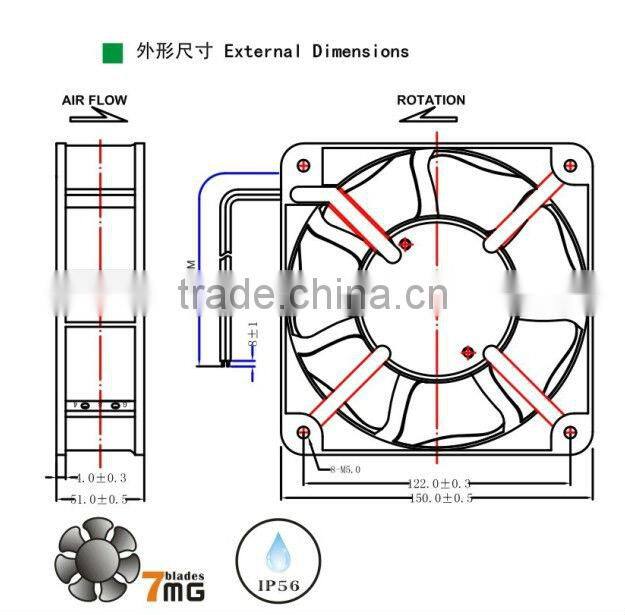 6 INCH 110/120V 220v/240v ac waterproof exhaust fan IP54 IP55 IP58 IP68 150X150X51mm