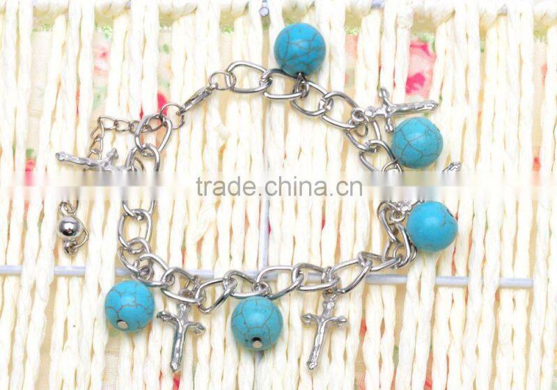 Tibetan Sliver Plated with Bead and Cross Pendant Turquoise Charm Bracelet & Bangle