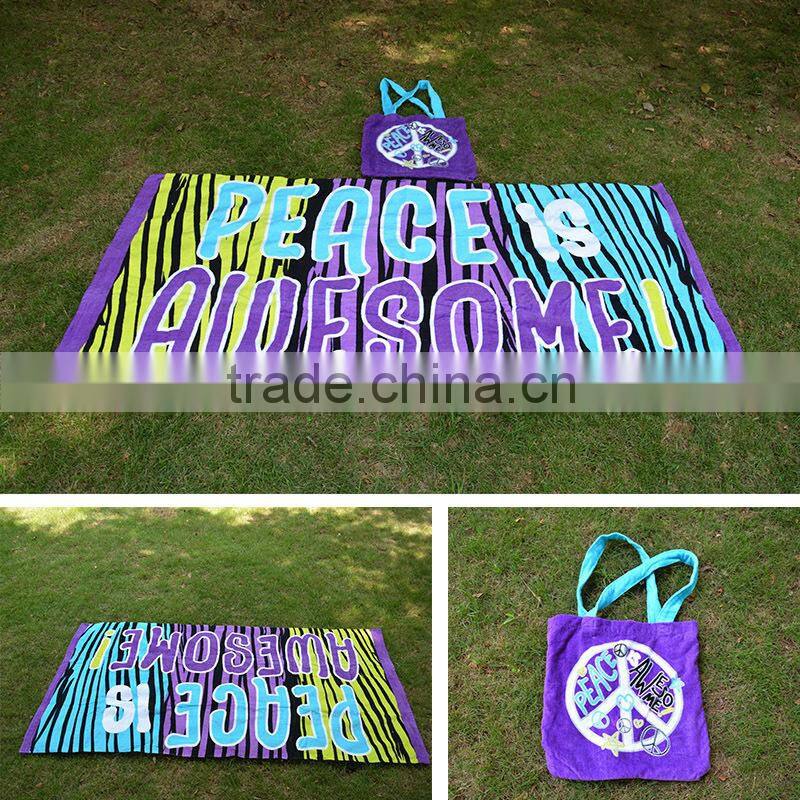 Bright purple color customer special design velour printed surf beach towel bag