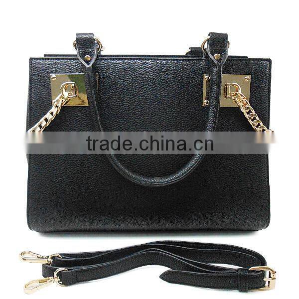 OEM Large Twin Strap Zip Top Pu Leather Woman Tote Bag In Black