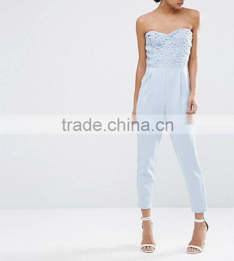 Oem trousers factory new design off shoulder shinny crochet lace ladies sexy jumpsuits 2016