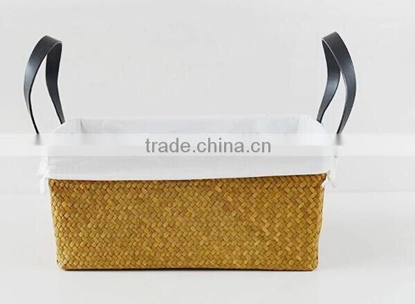 basket made of natural straw seagrass for housewaring with handle and lining