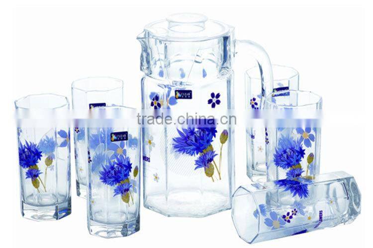 2015 new hot selling drinking glassware set, glass 7pcs water set with decal