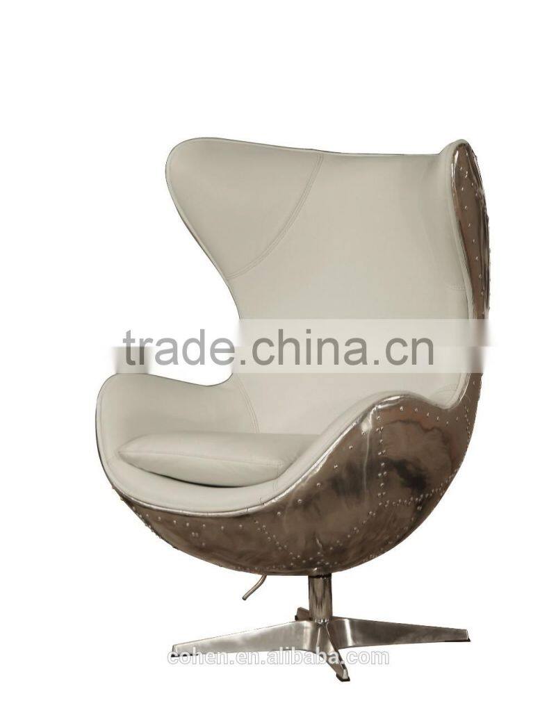 Luxury white top grain leather leisure chair/egg chair with aluminium coating back swivel bar chair