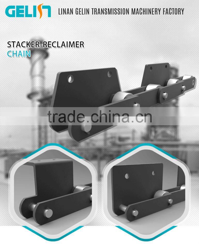 Heat and abrasion resistant scrapper stacker-reclaimer Chain