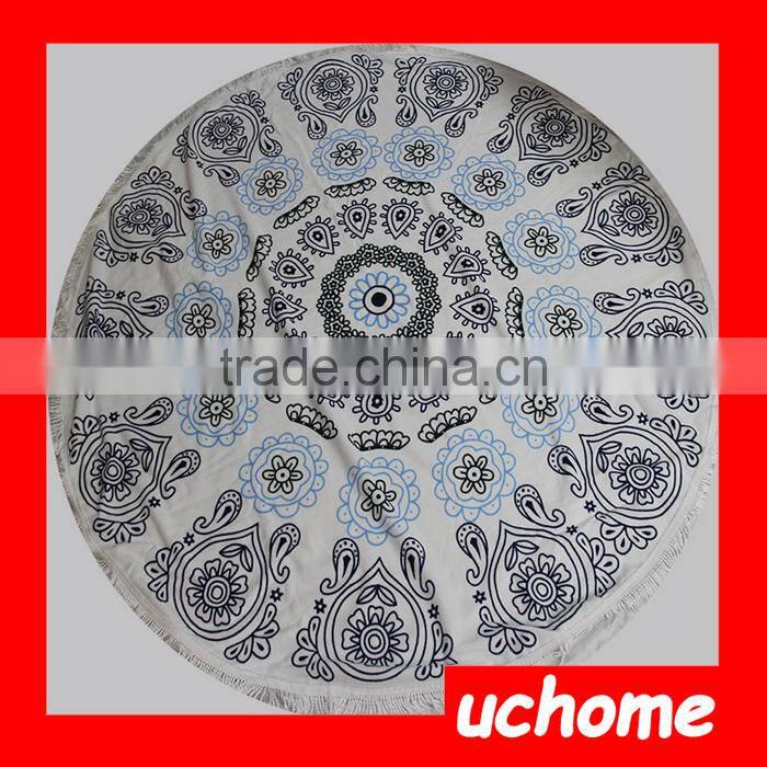 UCHOME High Quality Custom Beach Blanket Reactive Printed Circular 100% Cotton Tassel Beach Towel Round