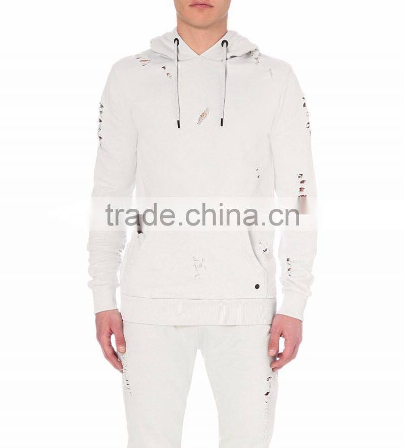 Vintage Custom Distressed Hoodies Cut Hole Men Tops 100% Cotton French Terry Long Sleeve Pocket Hoodies For Men