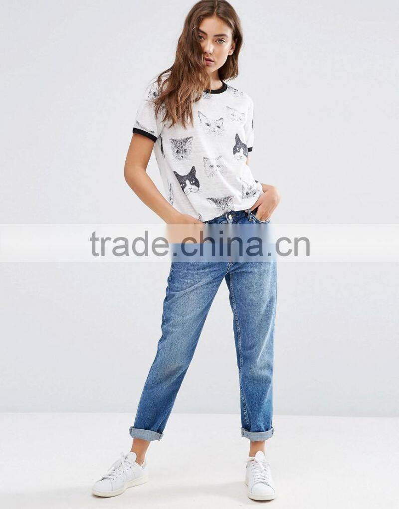 Wholesale China fashion design cheap 100% polyester t shirt for women with cat print